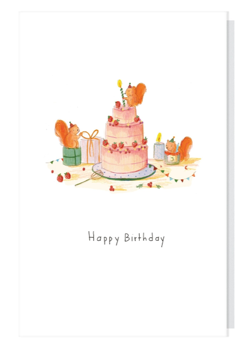 Carte anniversaire  Gateau et écureuils